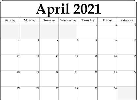 Printable Blank Calendar April 2021